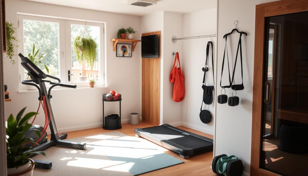 Compact exercise space with essential home fitness equipment