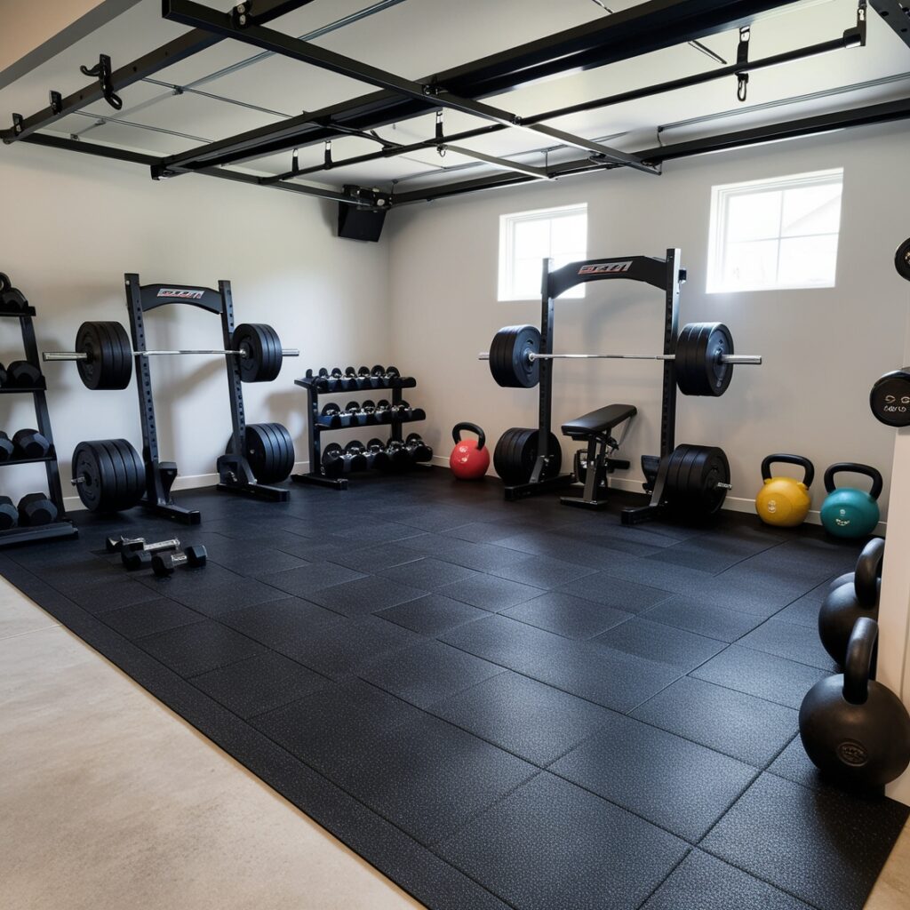 Modern garage gym setup with high-quality rubber flooring