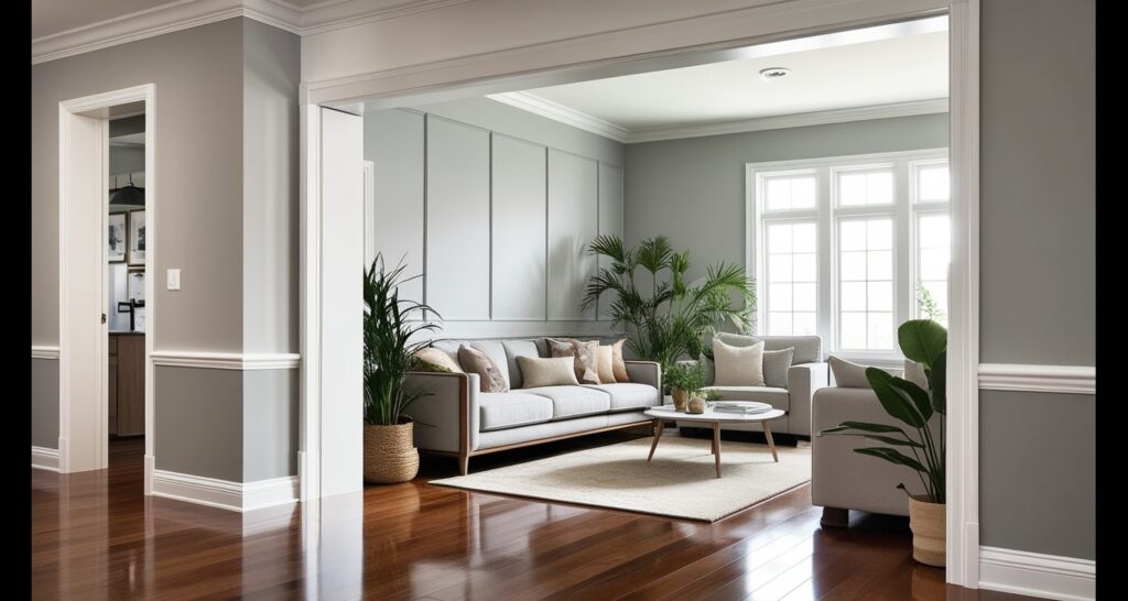 Modern living room featuring sleek white skirting board covers framing gray walls and polished hardwood floors