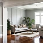 Modern living room featuring sleek white skirting board covers framing gray walls and polished hardwood floors