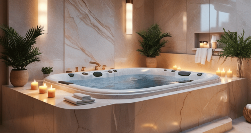 Luxurious bathroom with a marble jacuzzi tub, ambient lighting, and natural accents creating a serene spa-like retreat all for Jacuzzi Bath Remodel