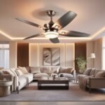 A stylish modern living room with a sleek ceiling fan featuring dimmable LED lights, creating a warm and inviting ambiance