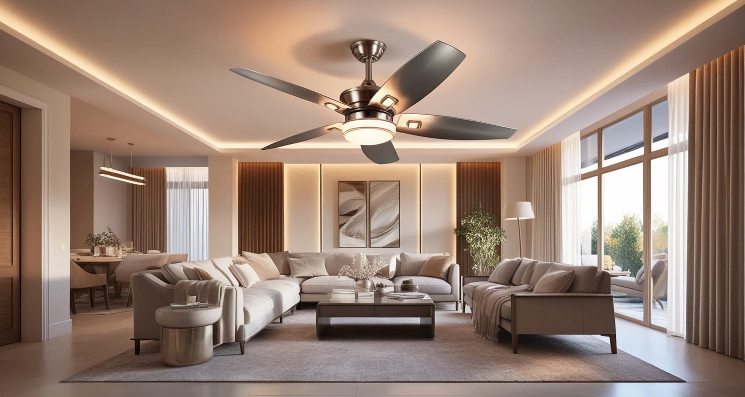 A stylish modern living room with a sleek ceiling fan featuring dimmable LED lights, creating a warm and inviting ambiance