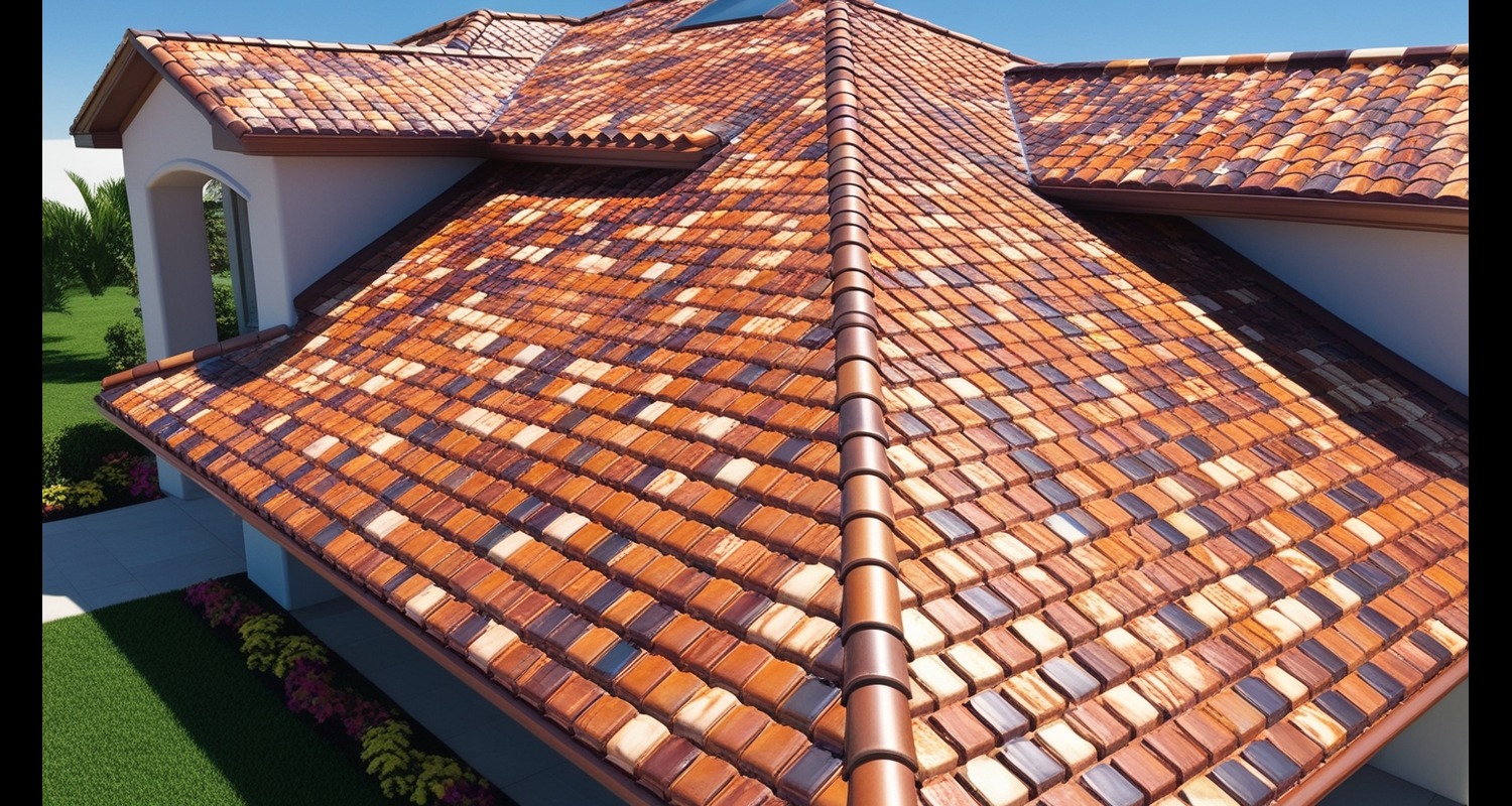 Luxurious home with a vibrant mosaic tile roof under a clear blue sky.