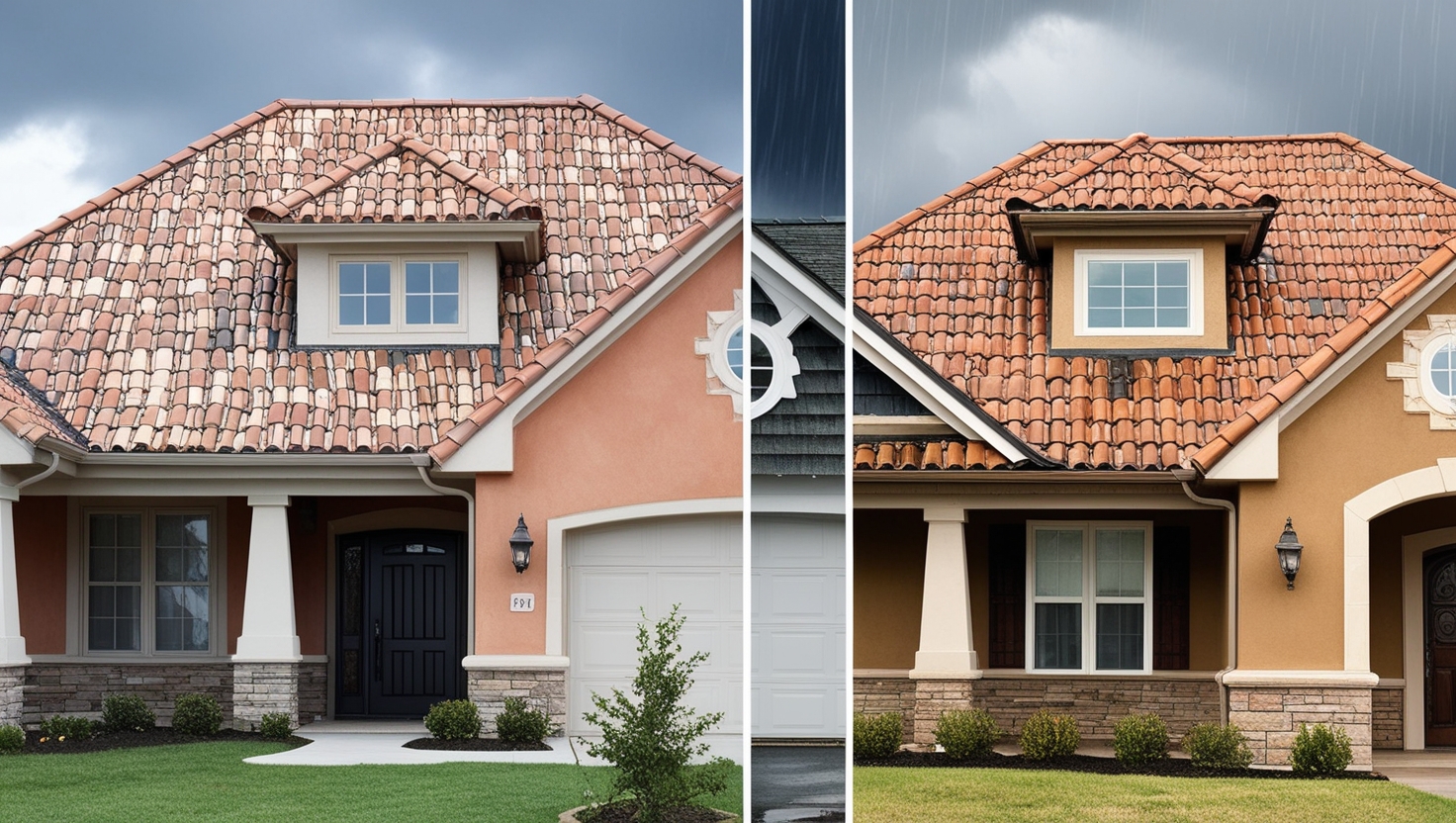 Side-by-side comparison of a durable mosaic tile roof and a worn asphalt shingle roof